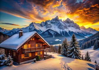 Fototapeta premium Majestic Bavarian Alps Mountain Chalet Architecture, Stunning Sunrise Landscape Photography