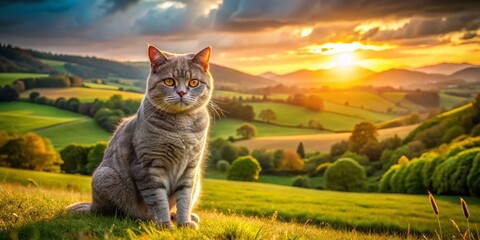 Obraz premium Majestic British Shorthair Cat in a Serene English Countryside Landscape