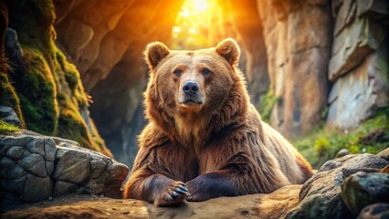 Naklejka premium Majestic Brown Bear Resting Near Rocks in Wilderness - Wildlife Stock Photo