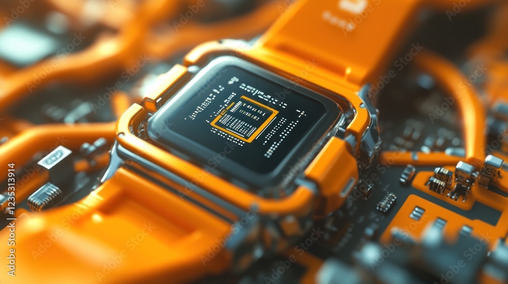 Poster orange smartwatch with integrated circuit display