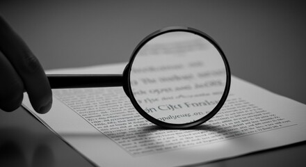 Fototapeta premium Magnifying Glass Examining Detailed Text on Document Close up View