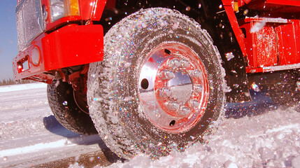 Red truck tire driving on snowy road