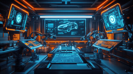 Obraz premium Futuristic Robotic Car Manufacturing Assembly Line with Advanced AI Technology