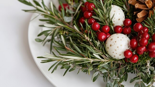 Festive rosemary wreath with berries and ornaments on white plate
