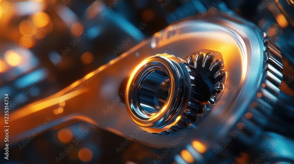 Poster Closeup view of gleaming metallic gears and engine components