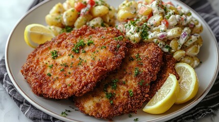 Crispy fried chicken cutlets served with lemon wedges and creamy pasta salad