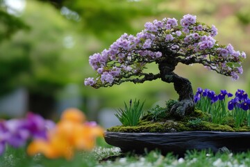 Obraz premium Blooming Bonsai Tree With Purple Irises