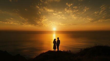 Obraz premium Silhouetted Romantic Couple Against a Sunset, Golden Light Reflecting on the Ocean