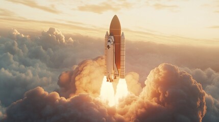 Space Shuttle Ascending Through Golden Clouds