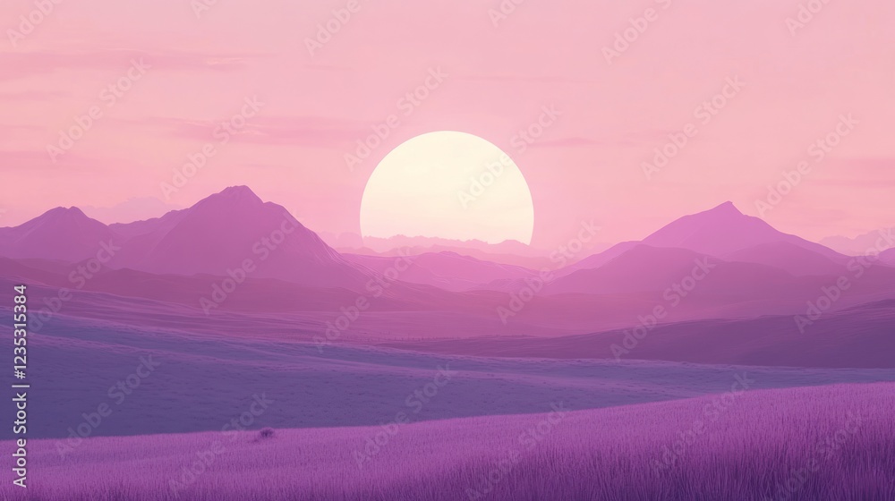 Poster Pink Sunset Over Rolling Hills And Fields