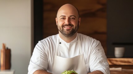 Happy Chef in White Uniform Holds Fresh Greens