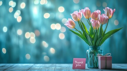 A Mother's Day tribute using pink blooms, a sincere thank you note, and a tastefully wrapped present. This conveys gratitude through the beauty of blooming carnations.