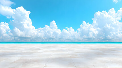 Fototapeta premium Beachfront patio, sunny sky, ocean view, summer vacation