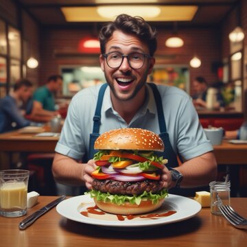 Homme qui d&eacute;guste un hamburger dans un restaurant fast-food, style am&eacute;ricain
