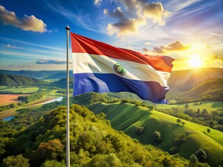 Majestic Paraguayan Flag Waving in Scenic Landscape - Patriotism, Nature Stock Photo