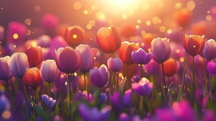Vibrant Tulips Blooming in Golden Sunset Light