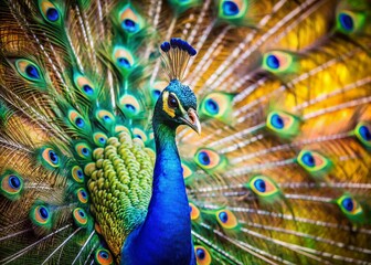 Fototapeta premium Majestic Peacock Display: Iridescent Feathers in Full Bloom
