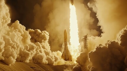 Rocket Launch Ascending Through Clouds of Smoke