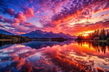 Majestic Purple and Red Sunrise over Mountain Lake Landscape