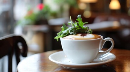 A Cappuccino with Arugula Garnish in a White Cup