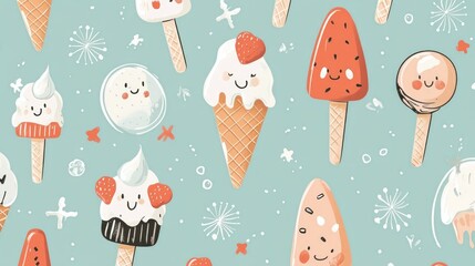 Adorable Cartoon Ice Cream Treats Summer Pattern