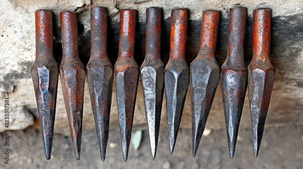 Aufkleber Eight Rusty Metal Pointed Tools Arranged In A Row