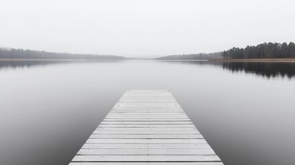 Naklejka premium Misty lake pier, serene landscape, tranquil scene, meditation