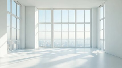 Modern minimalist room with city view windows