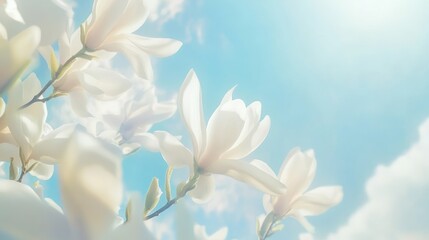 Fototapeta premium Delicate White Magnolia Blossoms Against A Blue Sky