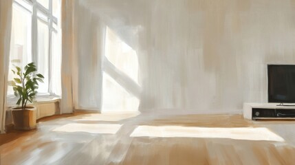 Sunlit Living Room Interior with Plant and Television