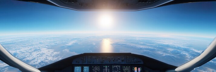 Aerial view from cockpit during sunrise over clouds with ocean reflection. Generative AI