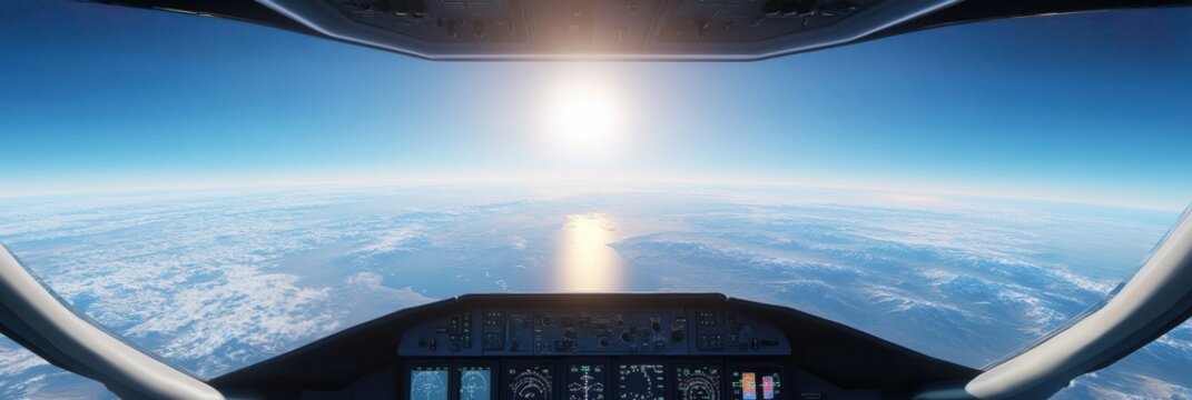 Fototapeta Aerial view from cockpit during sunrise over clouds with ocean reflection. Generative AI