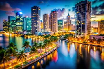 Fototapeta premium Miami Night Bayfront: Tilt-Shift Miniature Cityscape