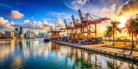 Obraz premium Miami Industrial Docks Museum Park: High-Resolution Stock Photo of Historic Waterfront Cranes and Shipping Infrastructure