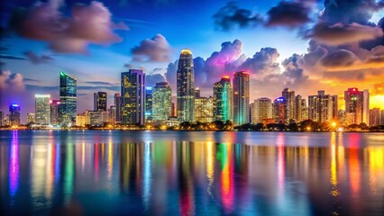 Fototapeta premium Miami Panorama: Cityscape, Skyline, & Tower Bokeh Nightscape