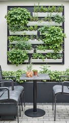 Fototapeta premium Sleek vertical garden wall with rows of basil mint and rosemary in geometric patterns