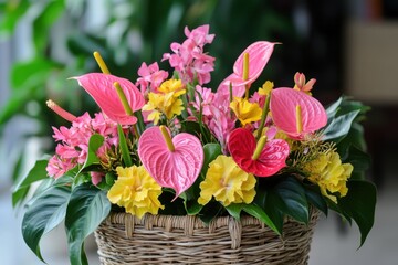 Vibrant Pink Yellow Flower Arrangement In Wicker Basket