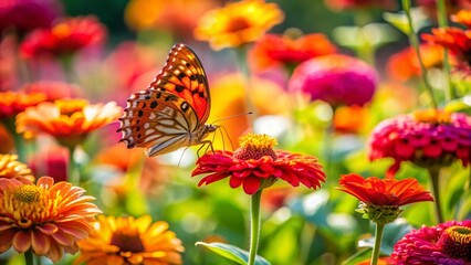 Miniature Garden Zinnias with Gulf Fritillary Butterfly - Tilt-Shift Photography