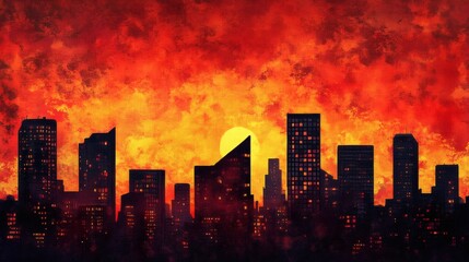 Fototapeta premium Fiery Sunset Cityscape Dramatic Silhouette of Urban Skyline at Dusk