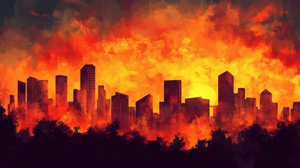 Fiery Sunset Over City Skyline - Dramatic Urban Landscape