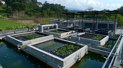 Hillside water treatment plant's constructed wetland system filtering wastewater