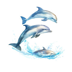 Obraz premium Family of jumping bottlenose dolphins on white isolated background