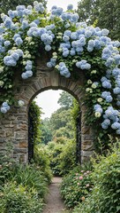 Naklejka premium Enchanting stone archway covered in blue and white hydrangea blossoms