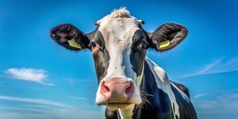 Minimalist Dutch Cow Portrait: Black & White Cow with Pink Nose Against Blue Sky