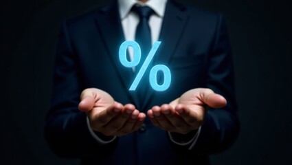 Glowing percentage symbol above upturned hands in professional setting