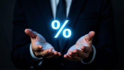 Professional hands with glowing percentage symbol