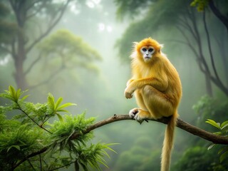 Obraz premium Minimalist Golden Monkey Rainforest Tree Branch Stock Photo