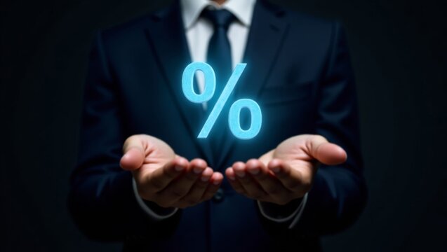 Glowing percentage symbol above upturned hands in professional setting