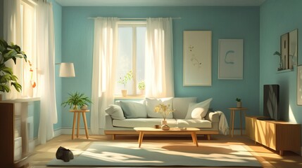 Serene Teal Living Room with Sunlight Streaming Through Window