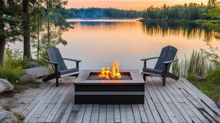 Lakeside Fire Pit With Adirondack Chairs At Sunset